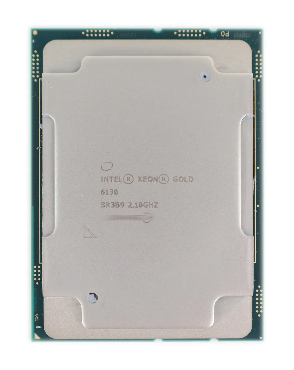Intel Xeon Gold 6130 processor, square silver heatspreader with gold contacts, FCLGA3647 socket form factor