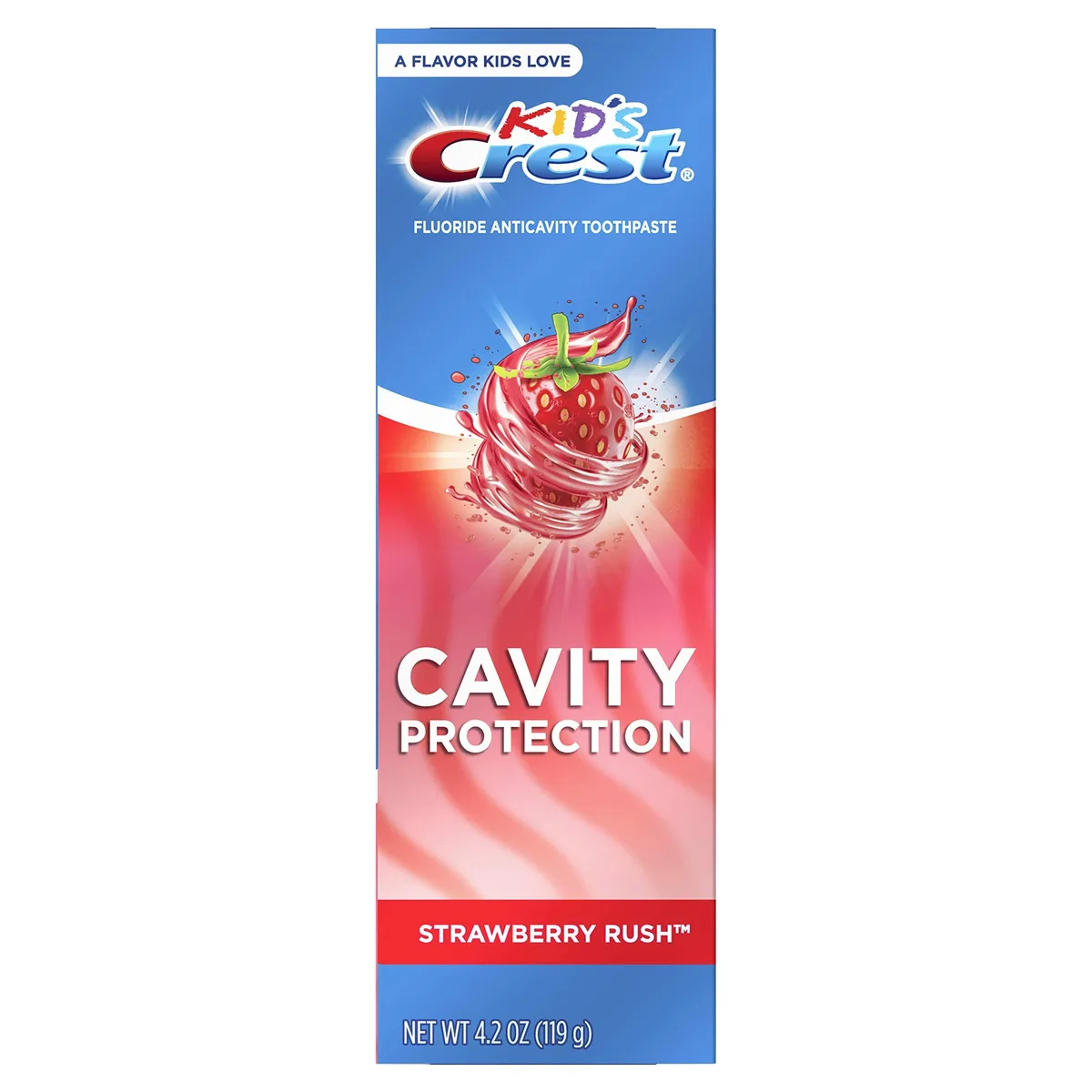 White rectangular tube with blue cap standing upright on a light surface, Crest branding and strawberry illustration visible