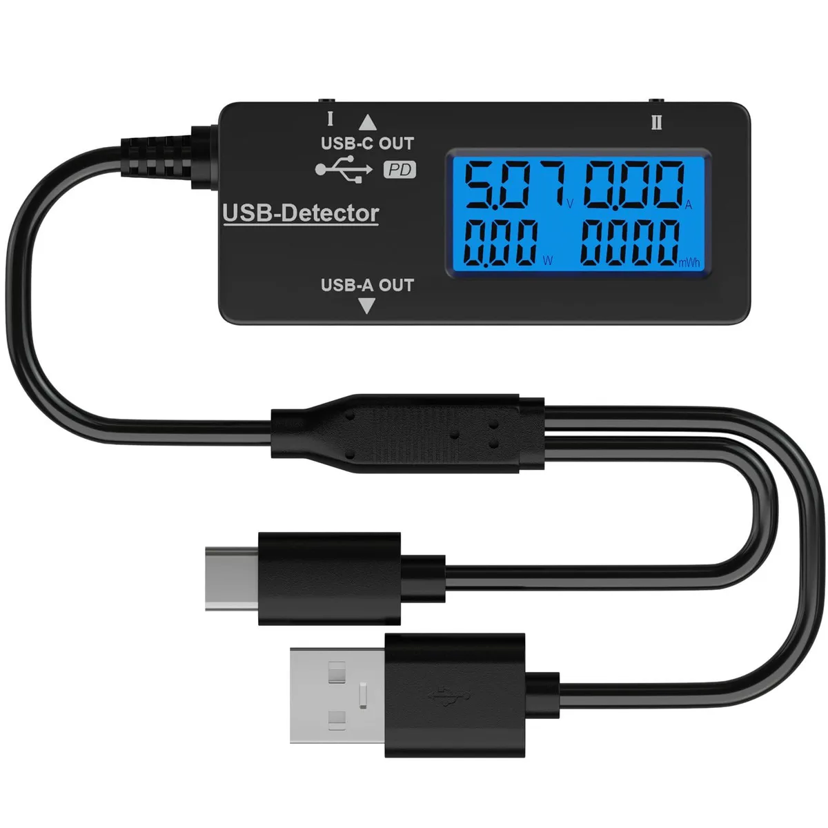 Compact rectangular USB tester with LCD screen and USB-A and USB-C ports