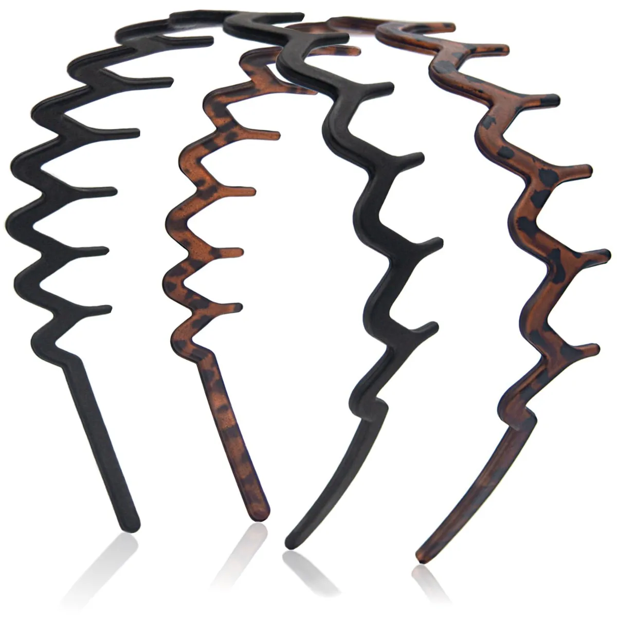 Two black plastic zigzag comb headbands with wavy teeth design