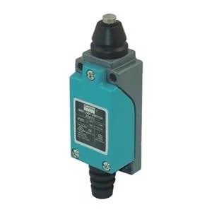 Small rectangular limit switch with top plunger actuator, grey finish, screw terminals