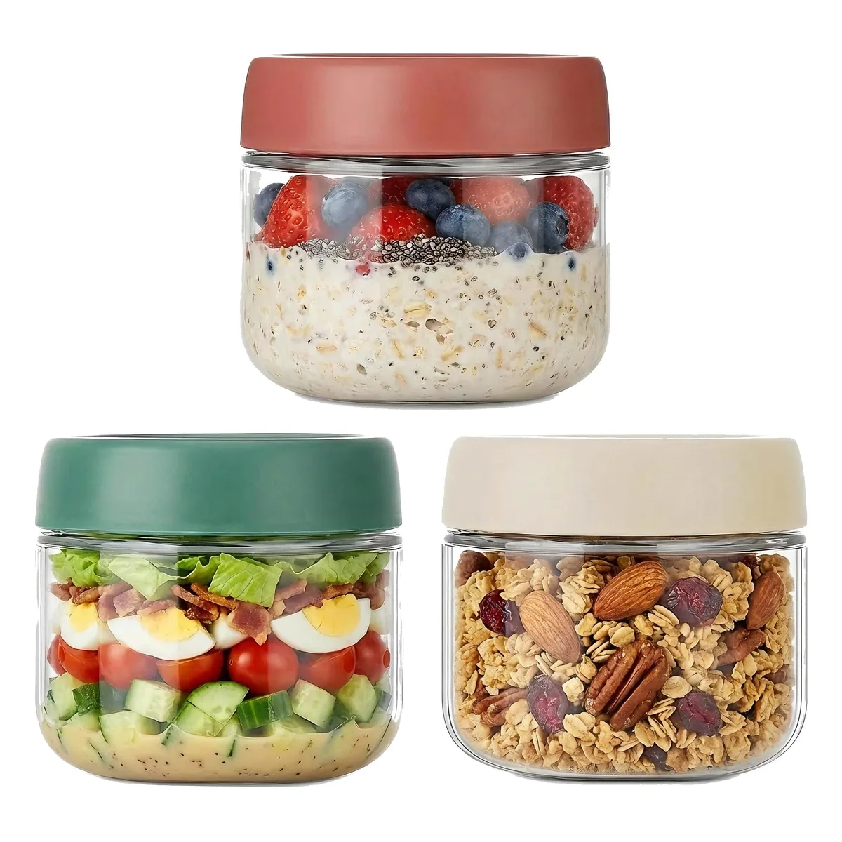 Three red glass jars with screw lids, 3.46 by 3.46 by 3.03 inches