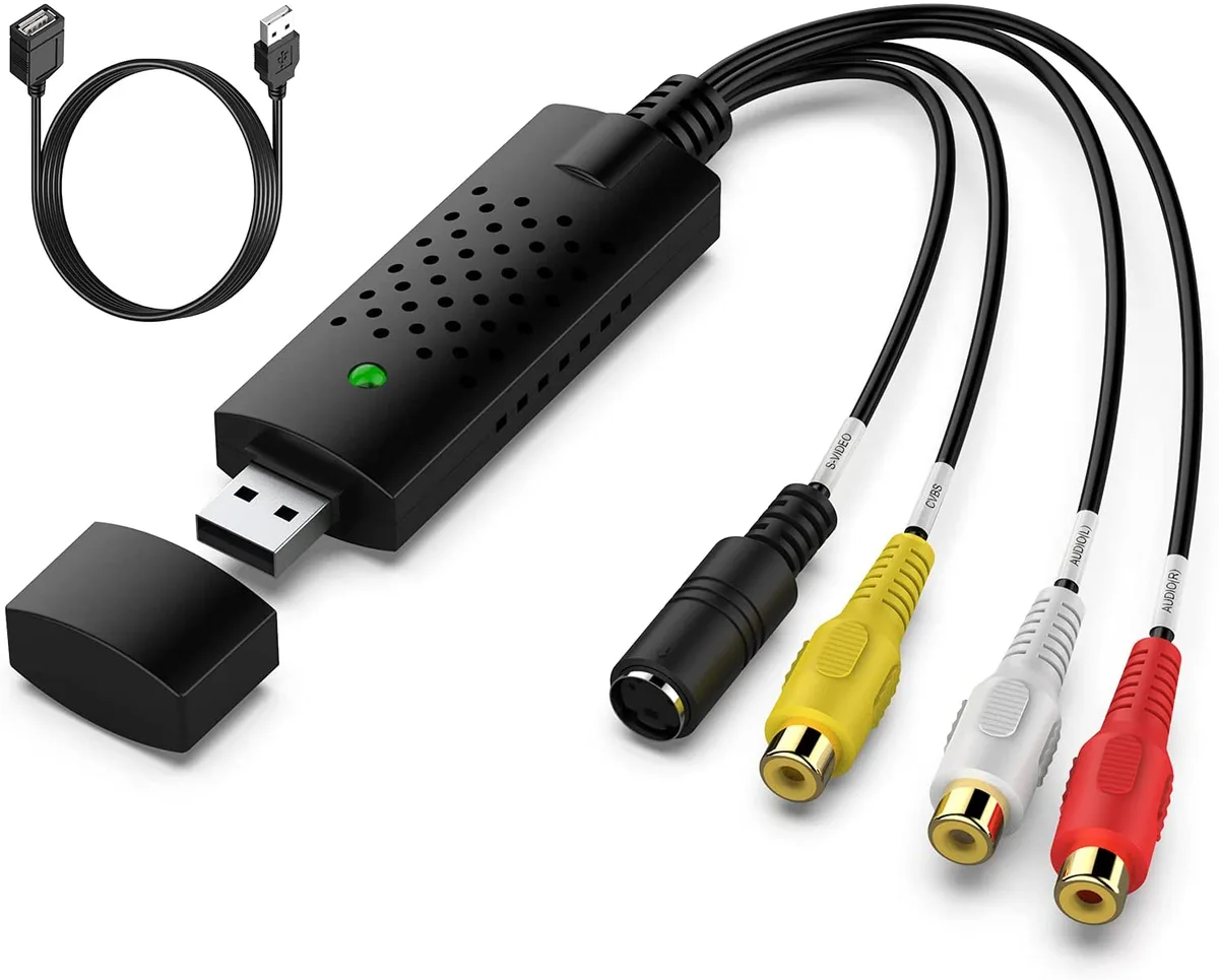 Small black rectangular USB 2.0 video capture dongle with RCA and S-Video ports