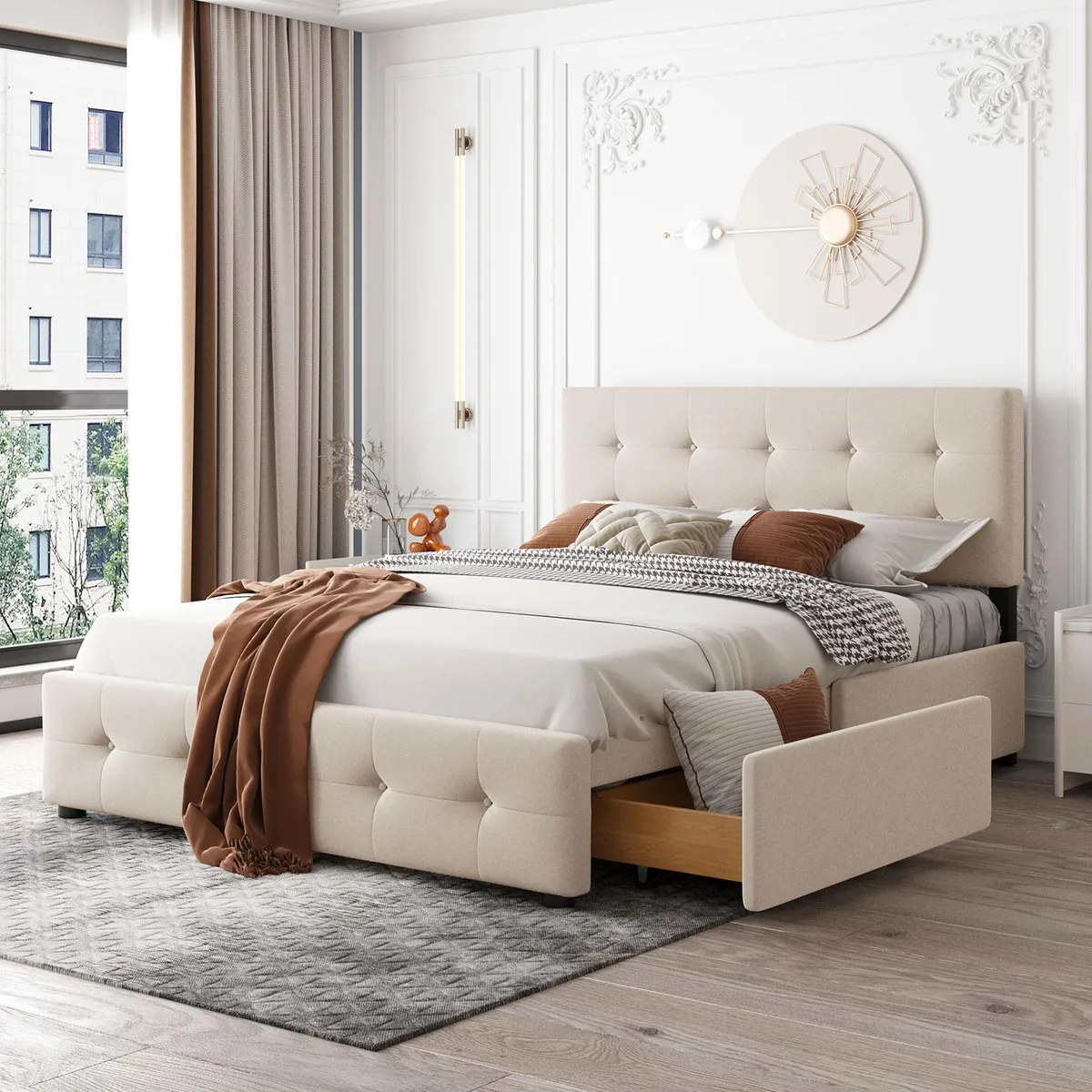 Beige linen upholstered queen platform bed with classic button-tufted headboard and four storage drawers