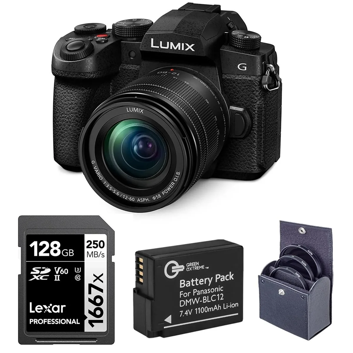 Panasonic Panasonic Lumix G97 mirrorless camera with 12-60mm lens, battery, 128GB card, filter kit — product photo