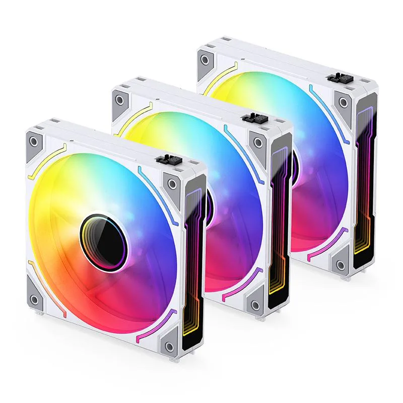 Three white 120mm ARGB case fans in a pack