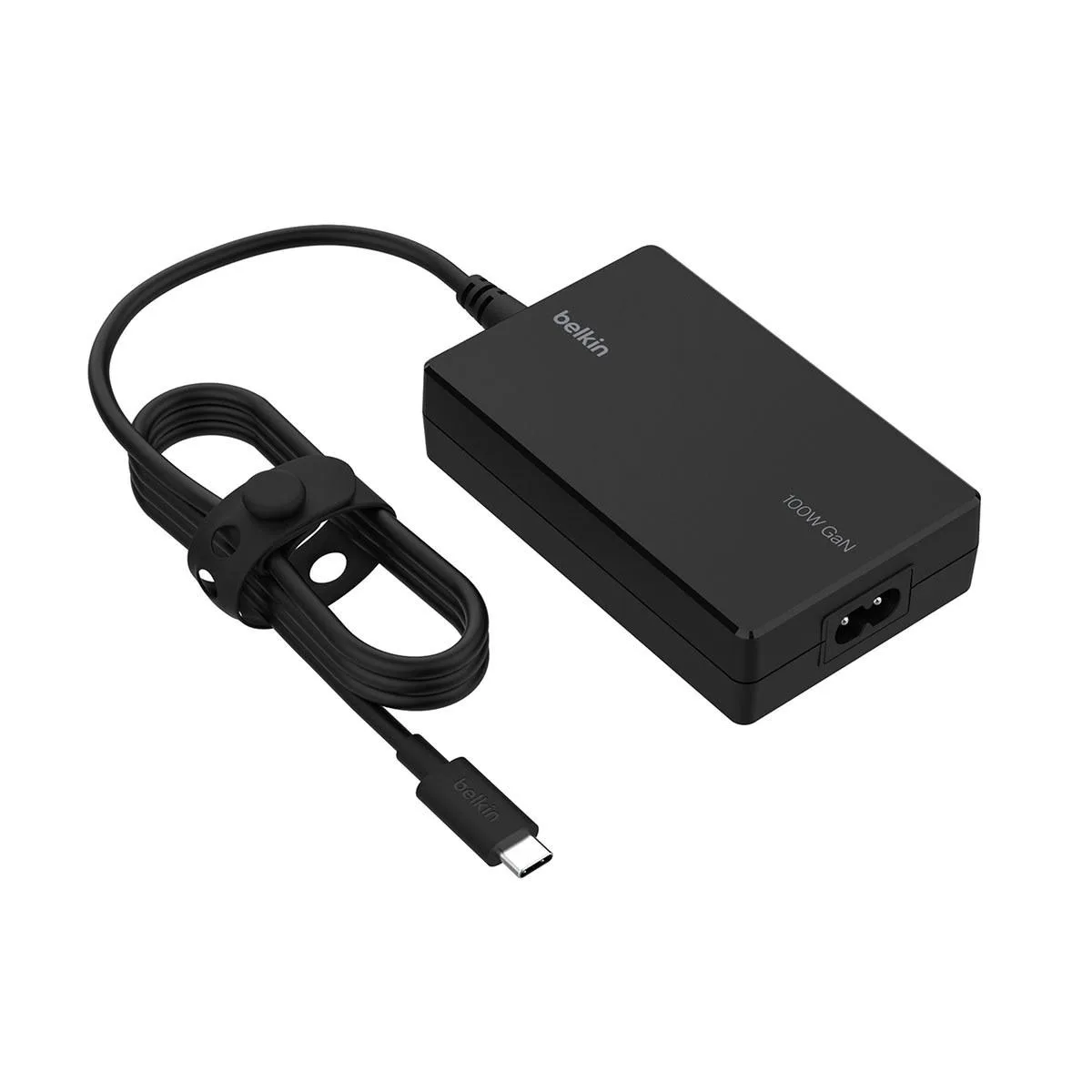 Compact black GaN wall charger with attached USB-C cable