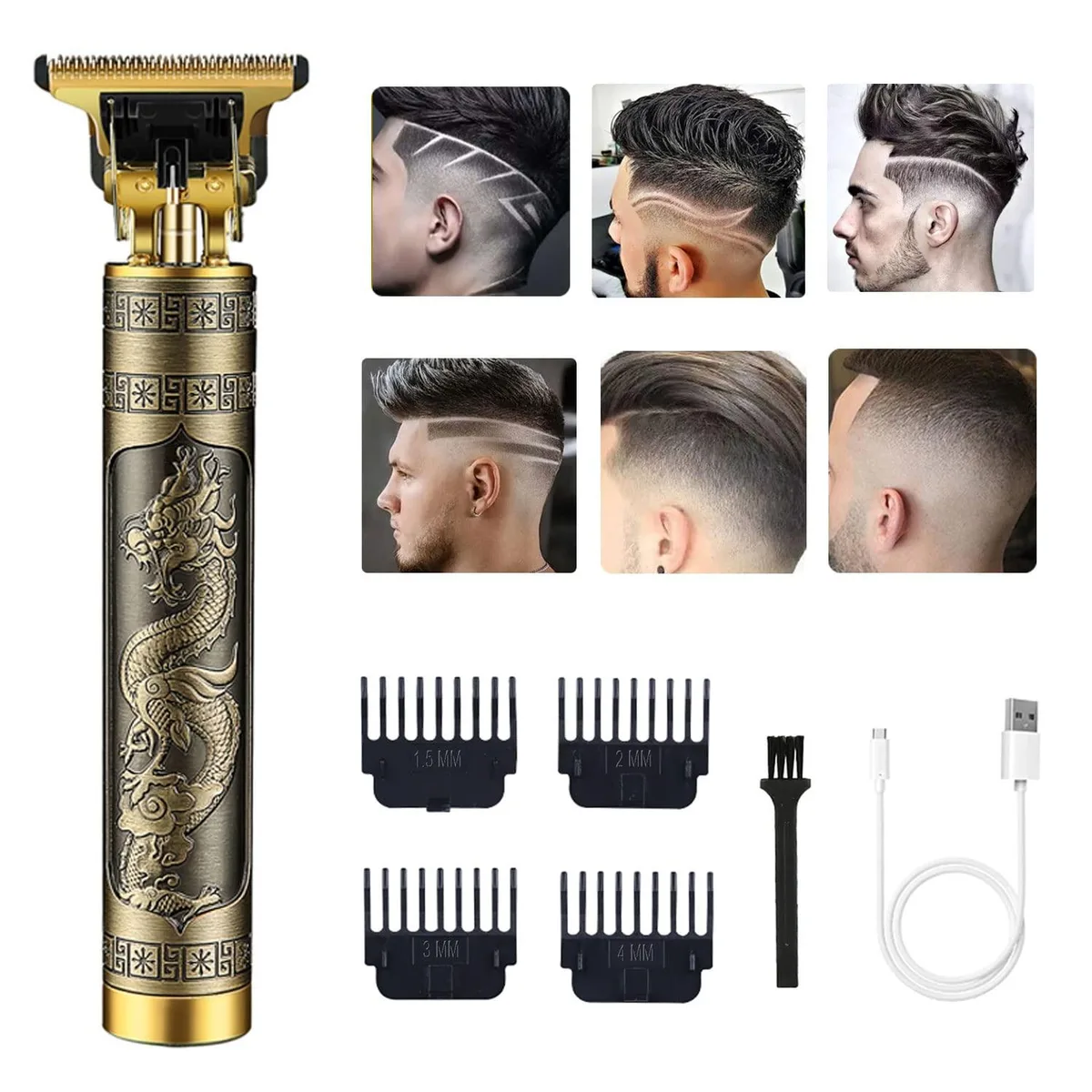 Black cordless T-blade trimmer with gold dragon accents and guide combs