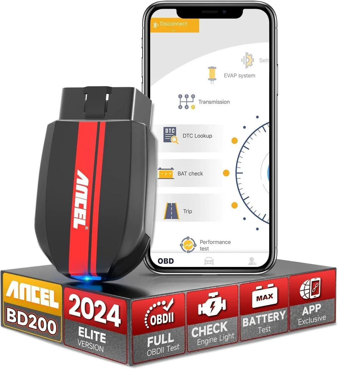 Small black Bluetooth OBD2 scanner adapter with angled connector