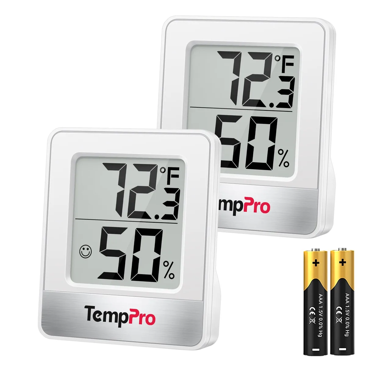 Two square white digital hygrometer thermometers with LCD screens showing temperature humidity and comfort icons