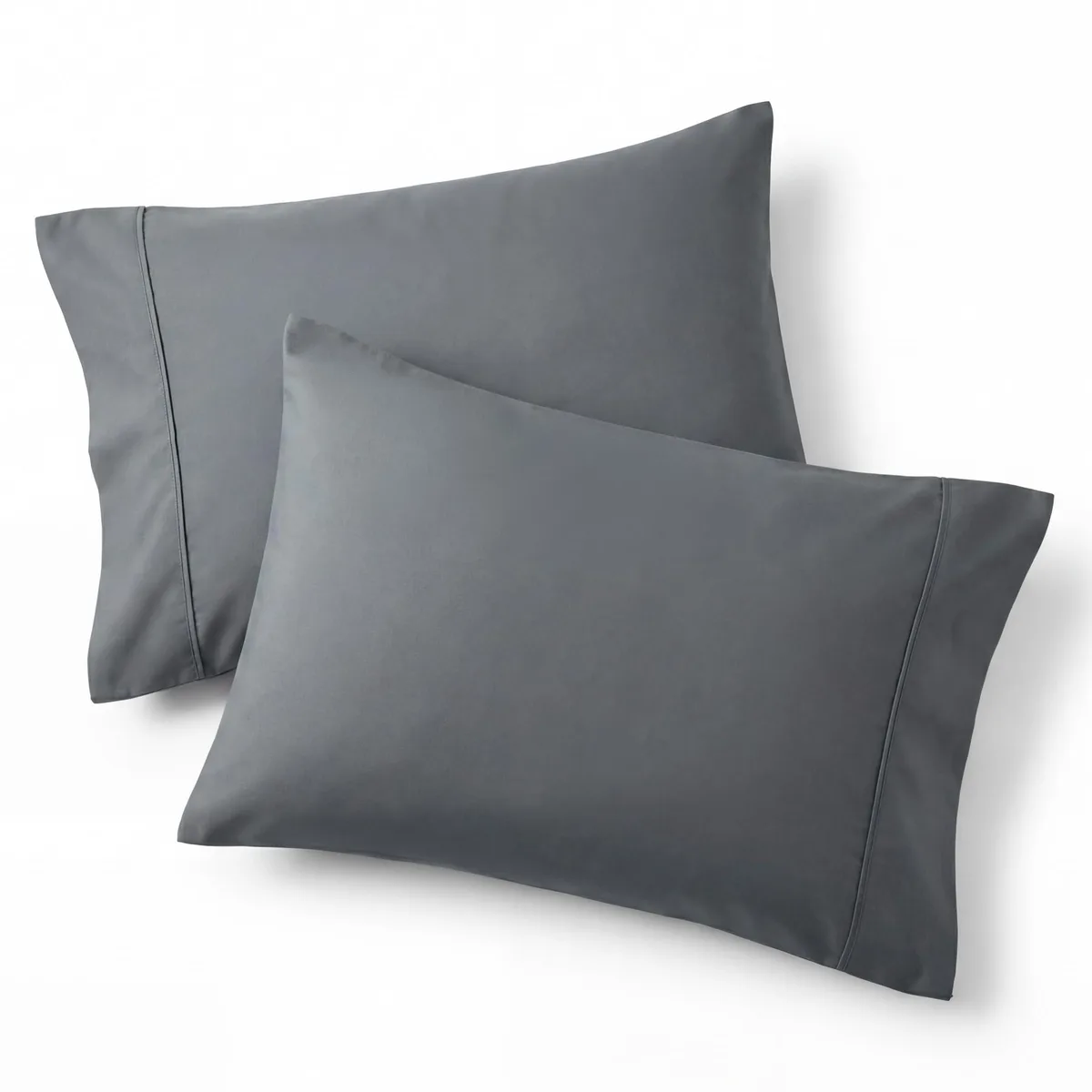 Two dark grey polyester pillowcases with envelope closure, folded flat