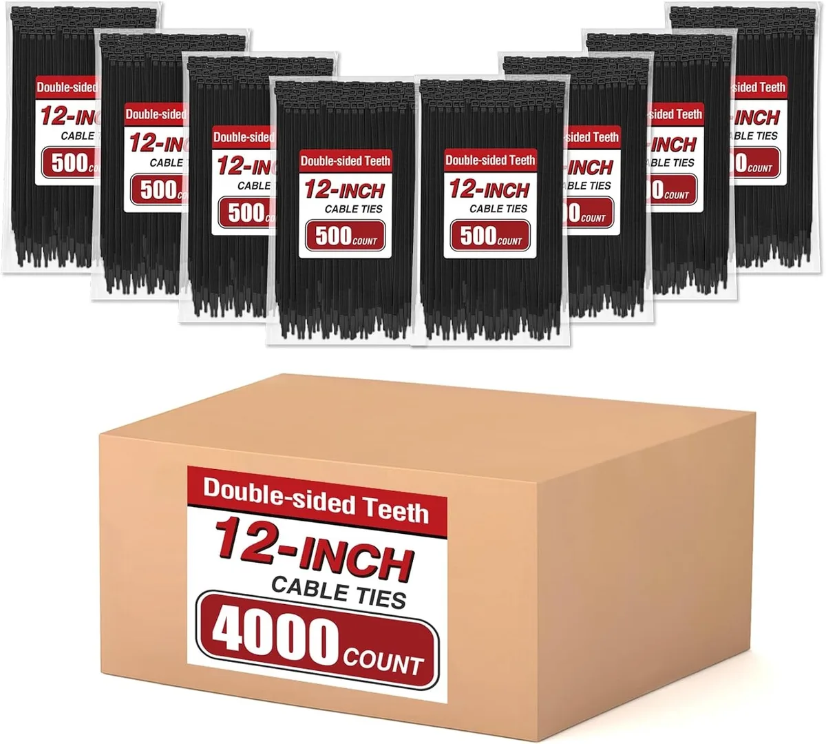 Ennovor Ennovor 12 inch 85 lb Double-sided Toothed Cable Ties 4000 Pack Black — product photo