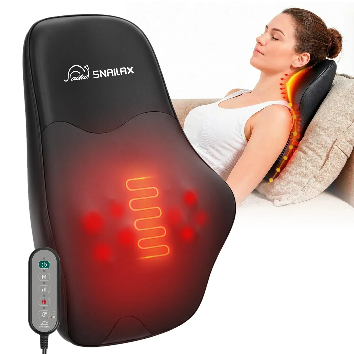 Black rectangular massage mat with padded surface and visible kneading nodes, corded controller attached