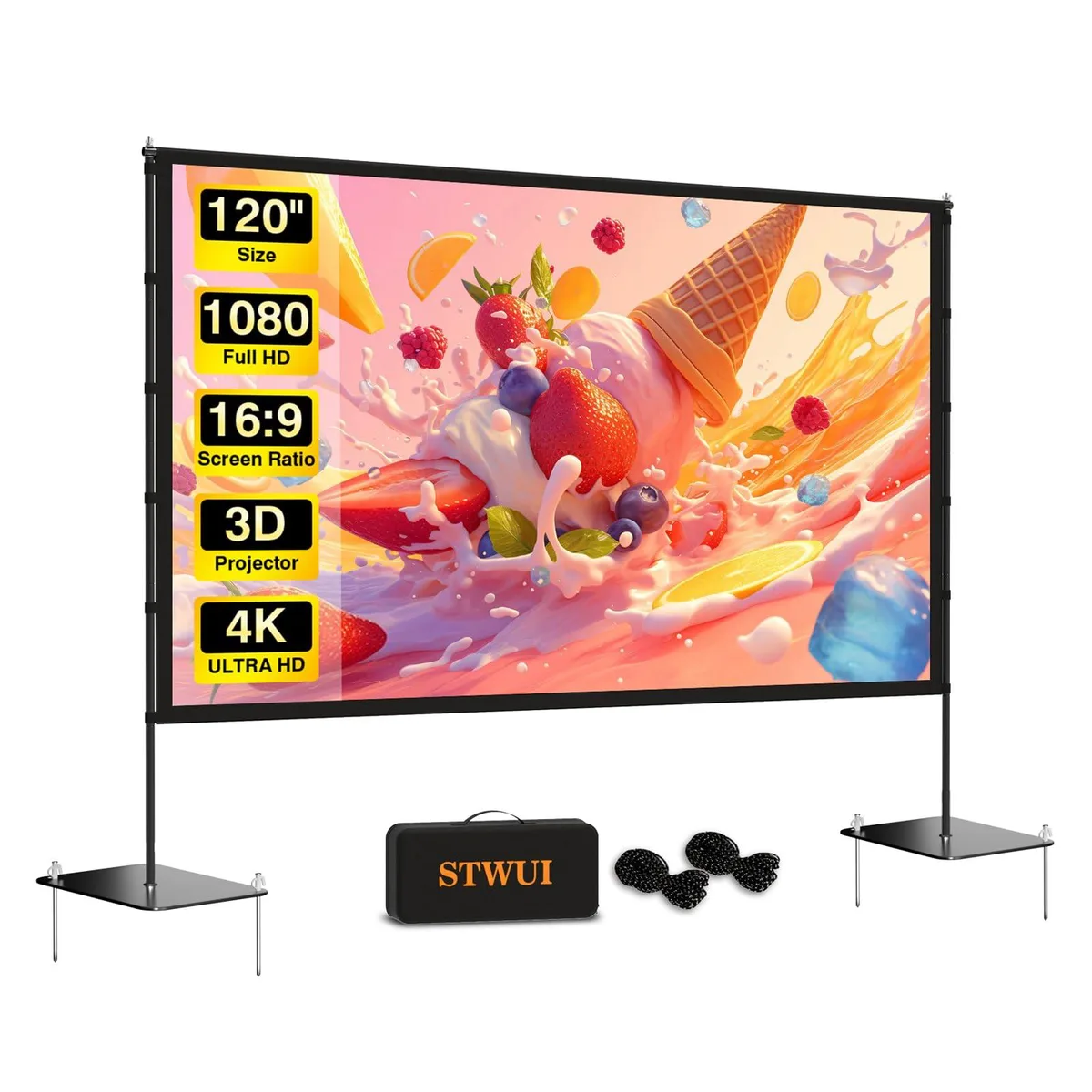 120 inch portable projection screen with foldable iron stand and carry bag