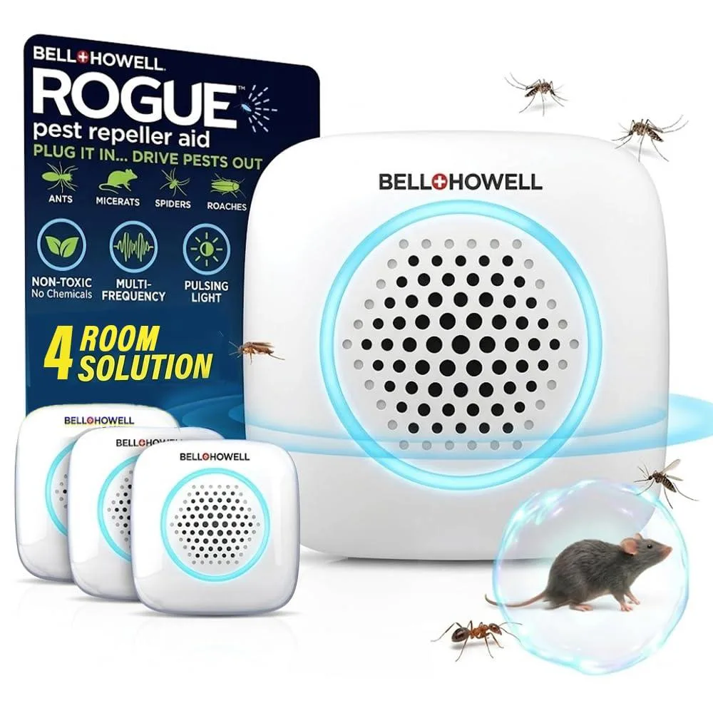 Four white plug-in pest repellers with prongs
