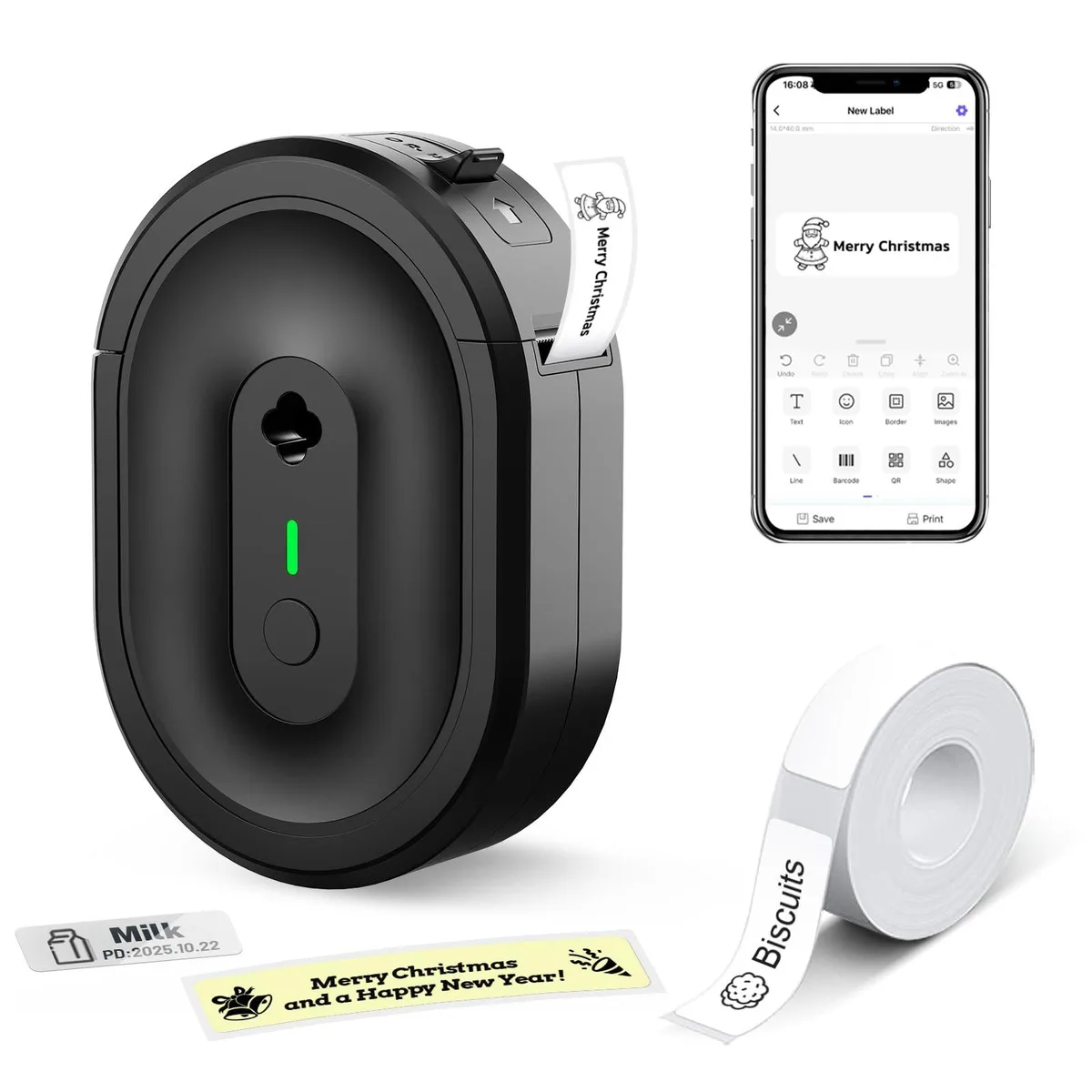 Compact black thermal label printer with Bluetooth, 15 mm tape width, 203 DPI resolution