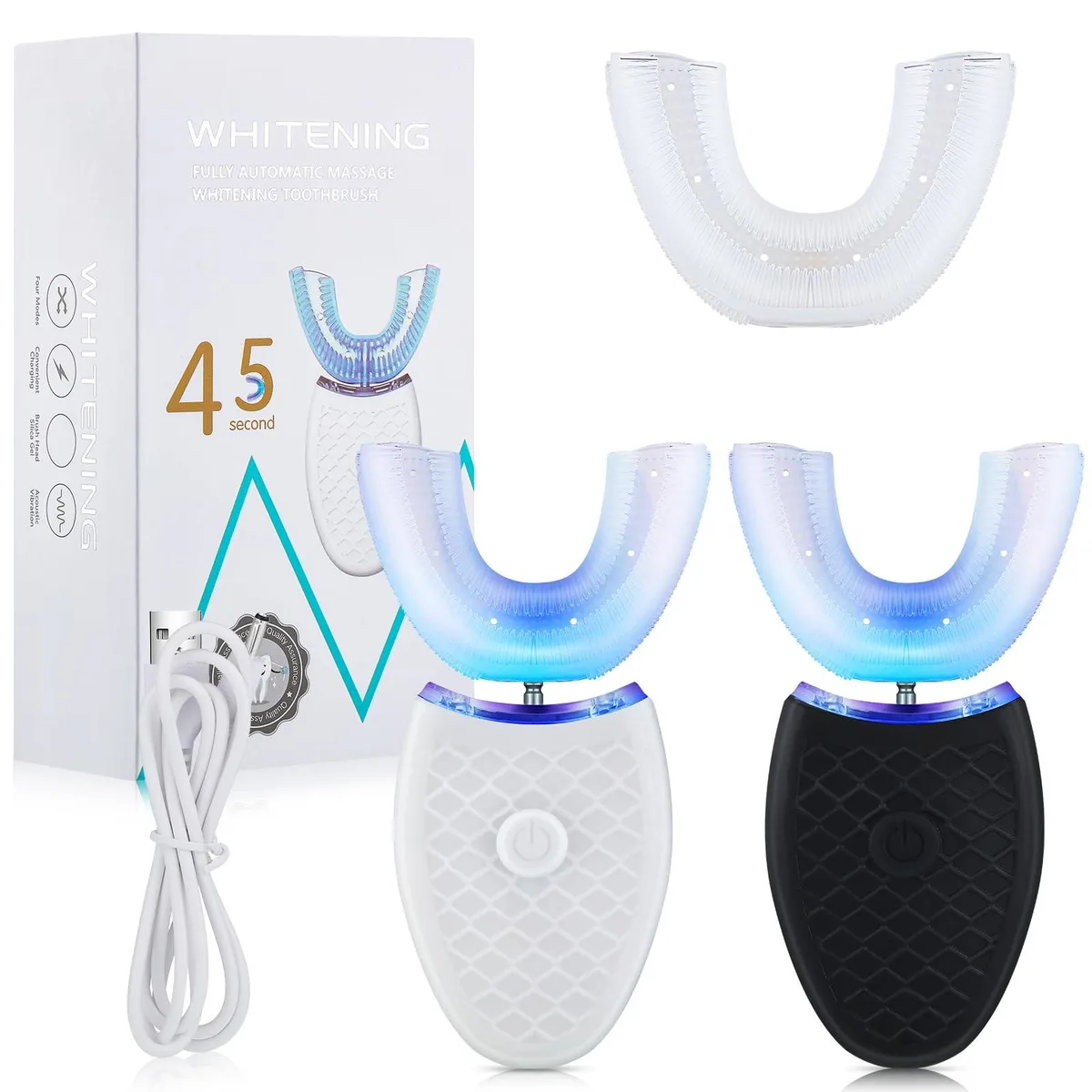 Two black and white U-shaped ultrasonic toothbrushes with silicone brush heads