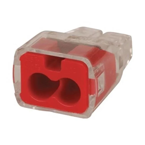 Red push-in wire connector, small rectangular polycarbonate body, two ports, pack of 100