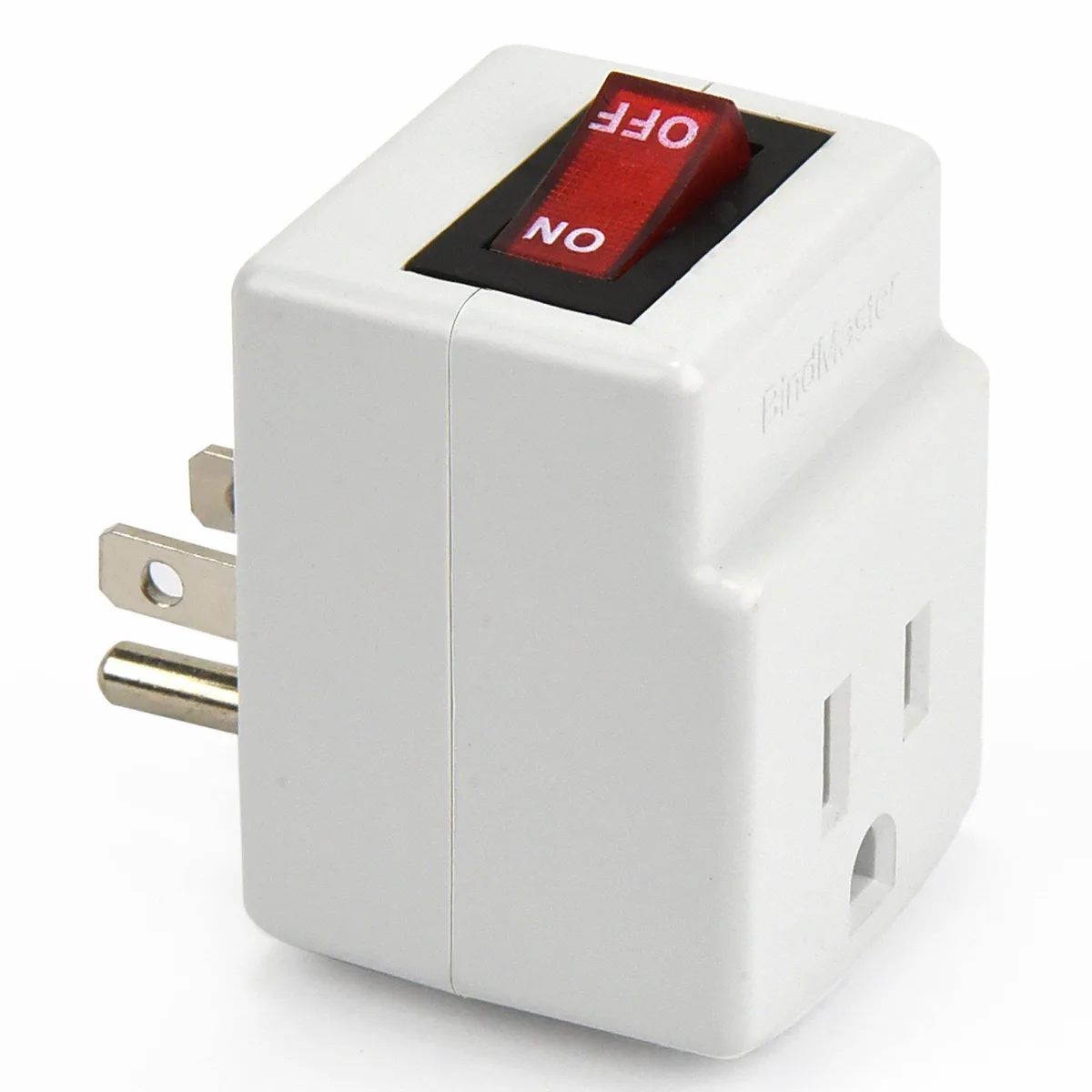 White three-prong grounded power adapter with lighted on/off switch, single outlet, .09 lb