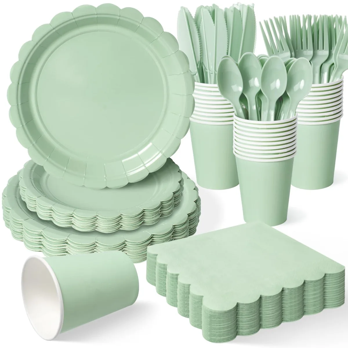 Sage green square paper plates, cups, napkins and plastic cutlery arranged in a 350-piece party set