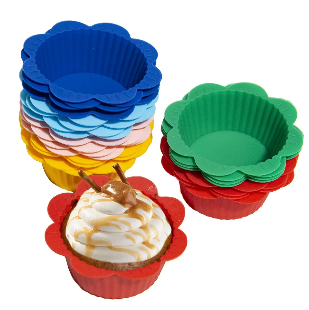Twenty-four colourful silicone muffin cups with pull tabs, arranged in six hues