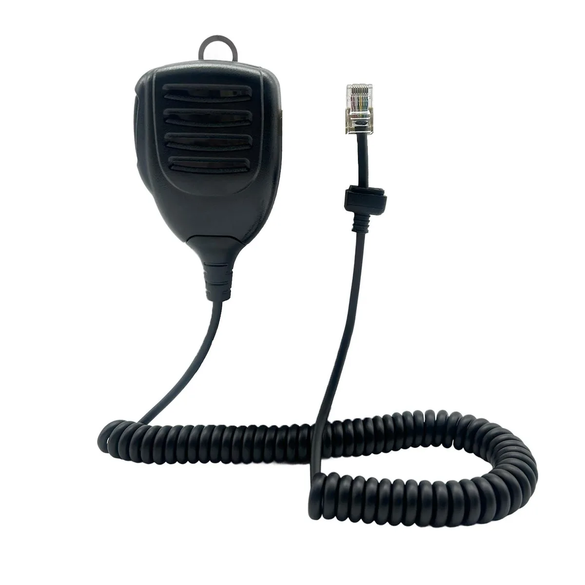 Black rectangular speaker microphone with coiled cable and 8-pin RJ45 connector