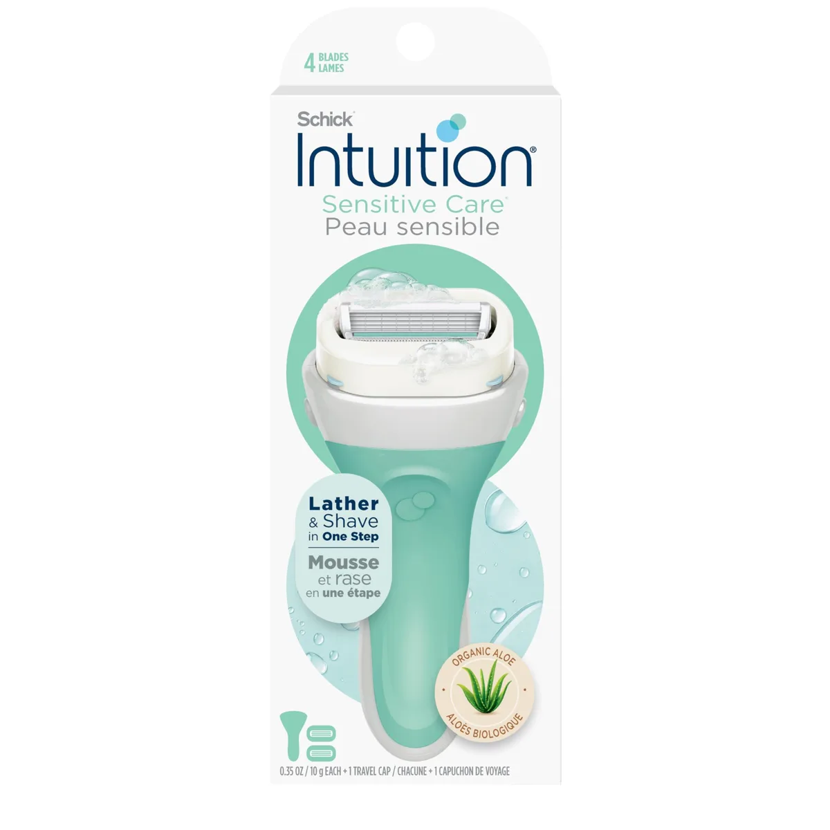 Green Schick Intuition razor kit with handle cap and two blade cartridges
