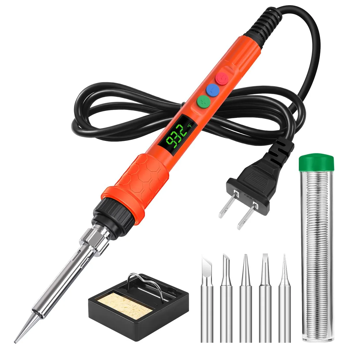 Orange 120W digital soldering iron with LED display and five extra tips