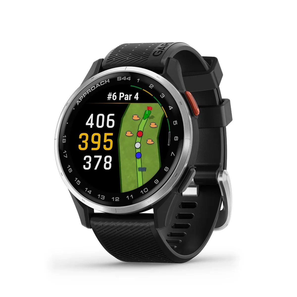 Garmin Garmin Approach S44 Golf GPS Smartwatch AMOLED Silver Aluminum Bezel Black Silicone Band — product photo