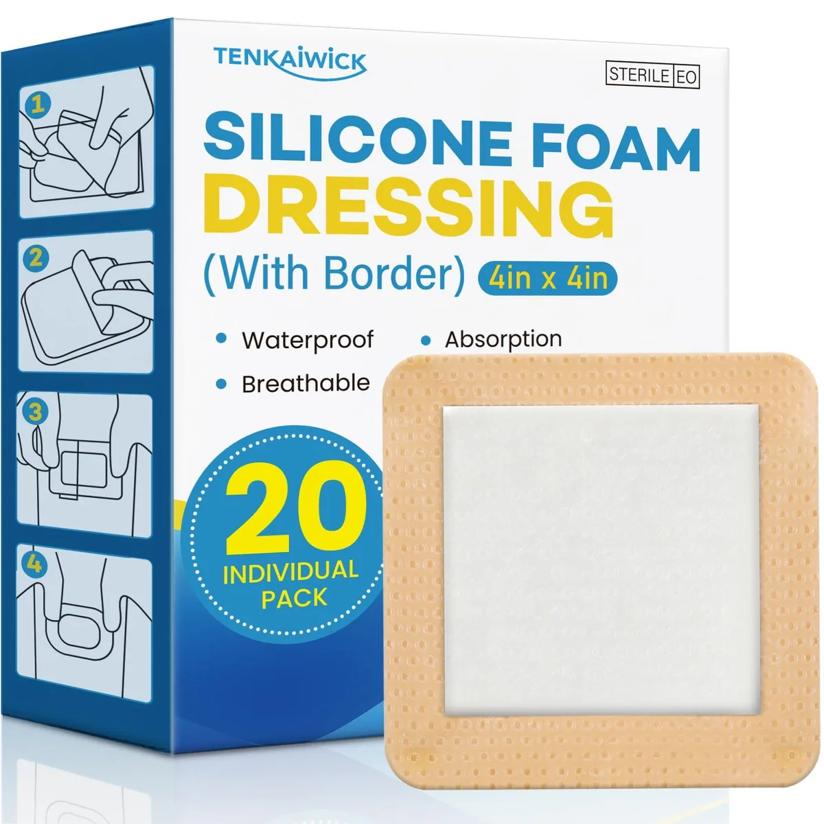  TENKAIWICK Silicone Foam Dressing 4"x4" 20 Pack — product photo