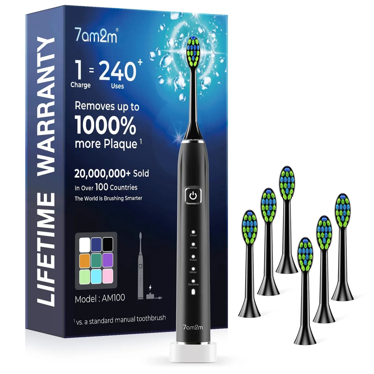 White sonic electric toothbrush with charging station and six W-shaped brush heads