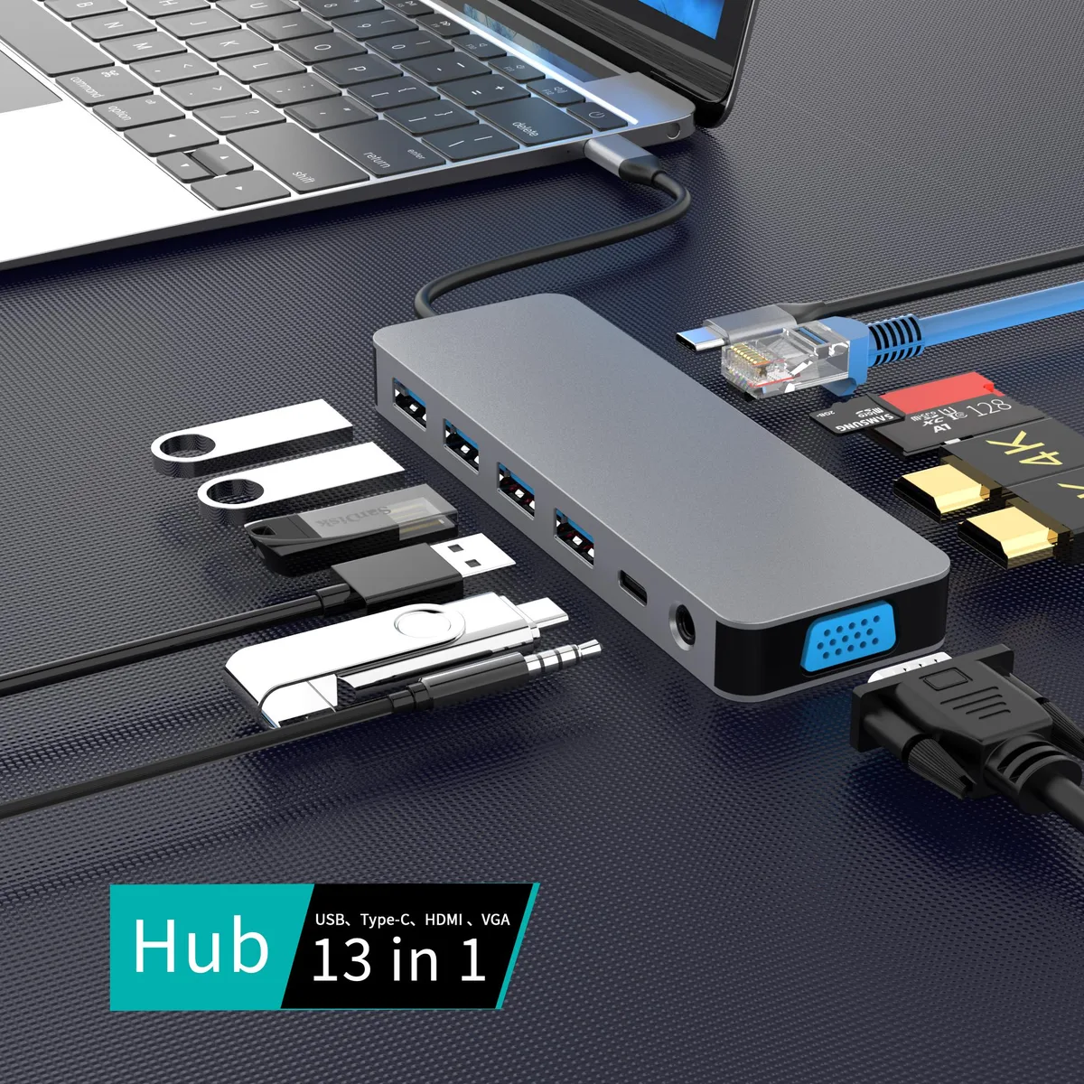 Betrusami Betrusami 13 in 1 USB C Docking Station Dual HDMI Gray — product photo
