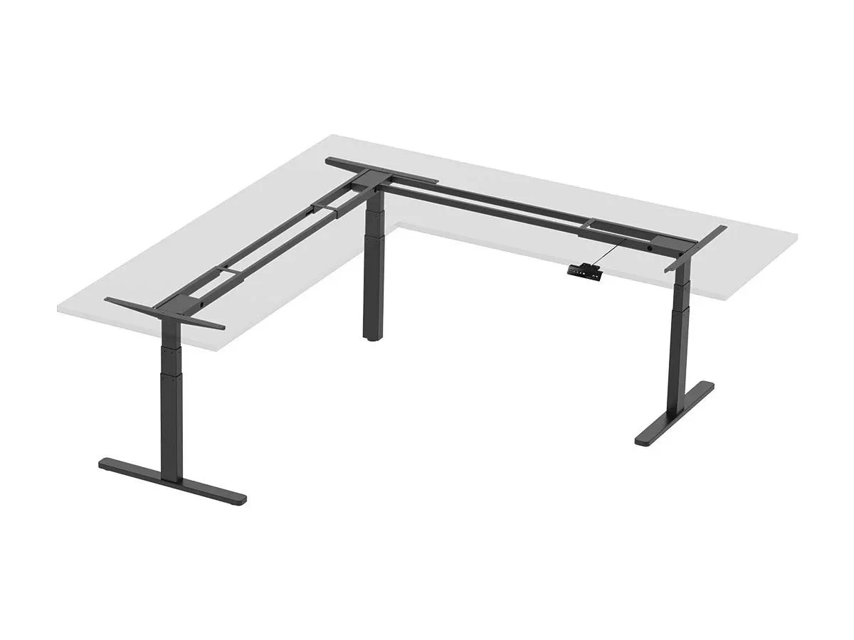 Black L-shaped corner desk frame, three motor legs, rectangular steel tubing, matte finish