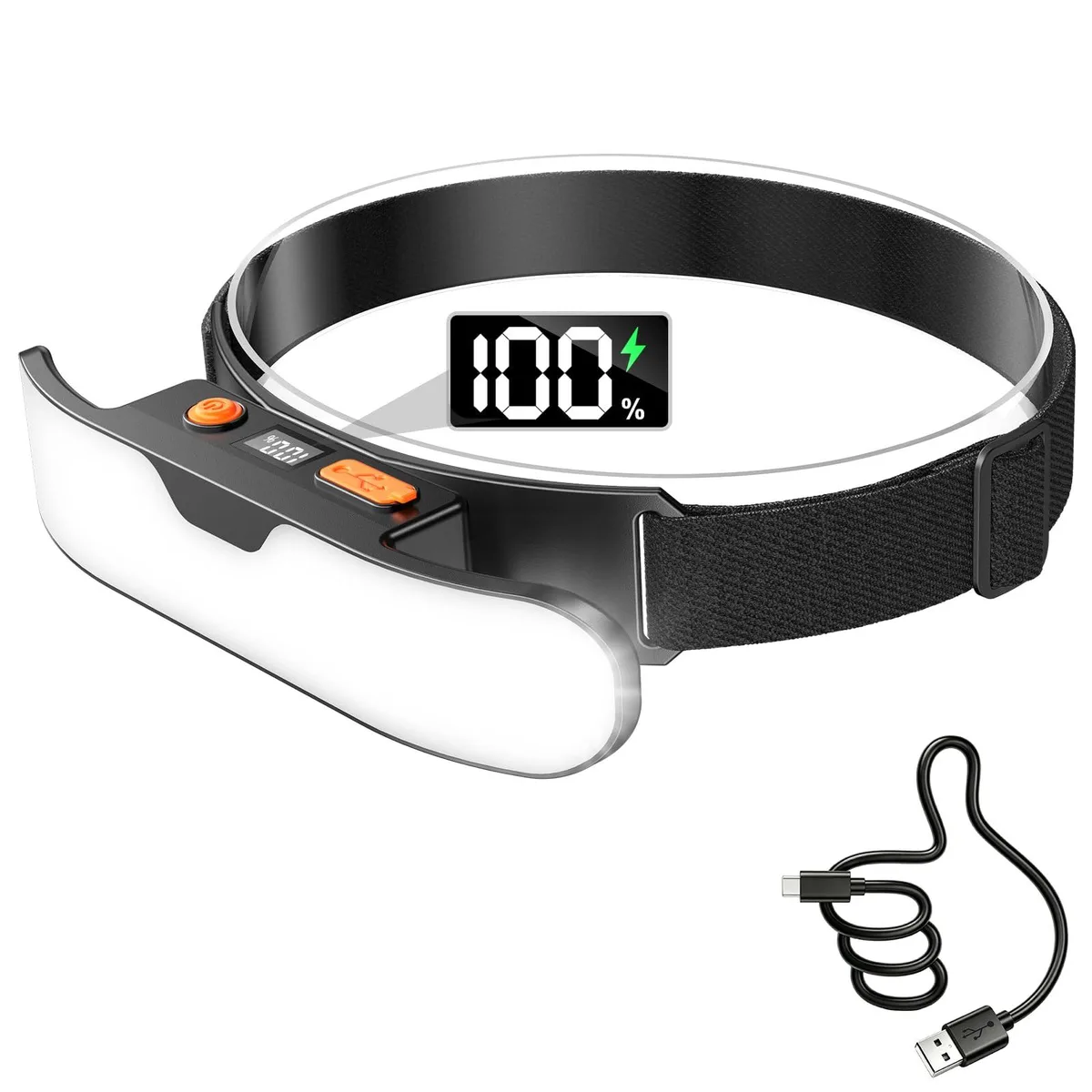 Black rectangular headlamp unit with wide LED strip and digital display on elastic headband