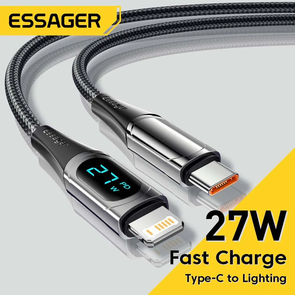 ESTONE ESTONE Essager YDI USB-C to Lightning Cable 2M Black 20W 27W 480Mbps 40000 bends LED display — product photo