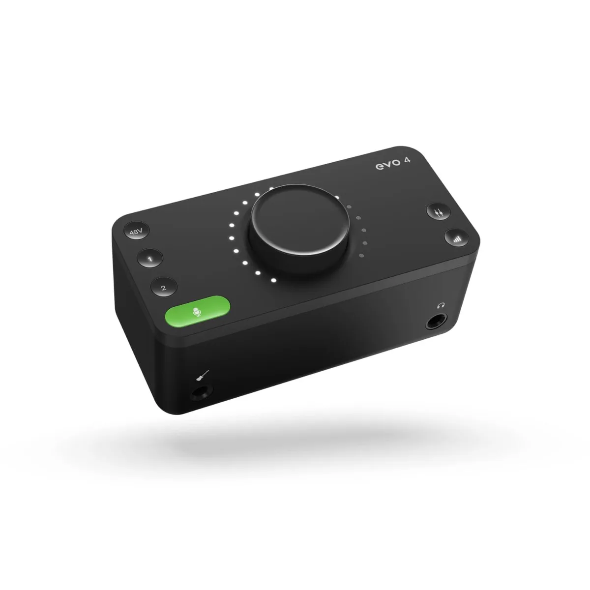 Compact black desktop audio interface with large rotary knob and LED ring