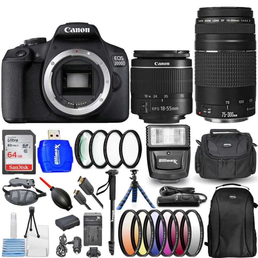 Canon International Canon EOS 2000D / Rebel T7 18-55mm 75-300mm 64GB Bundle dslr camera — product photo