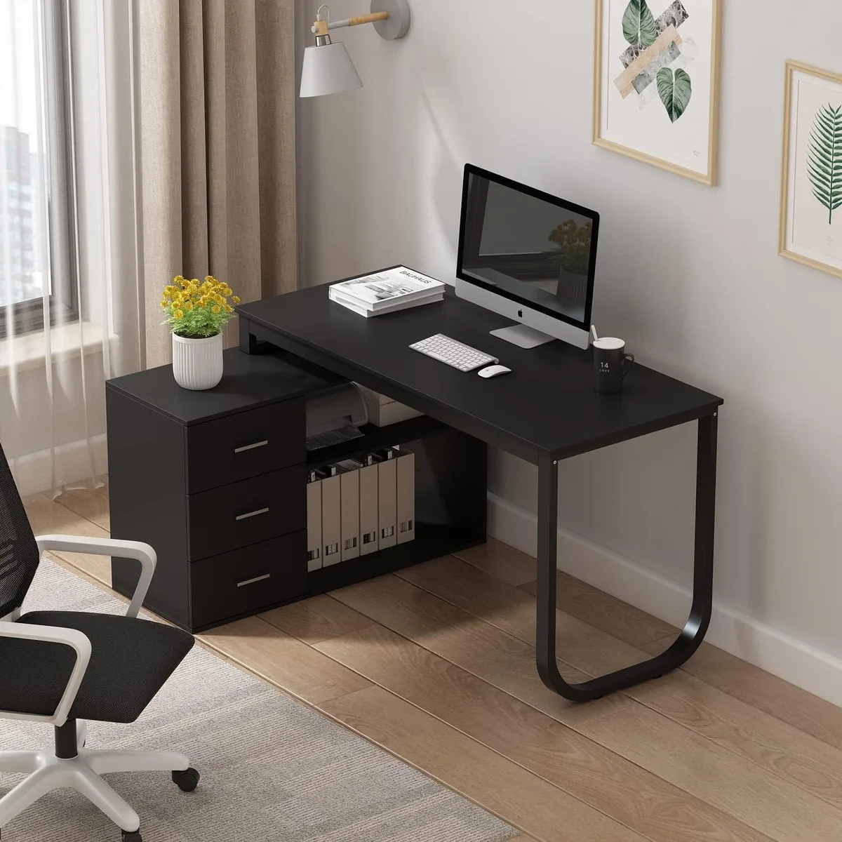 BFKK BFKK 55" L-Shaped Corner Desk with 3 Drawers & 2 Shelves - Black — product photo