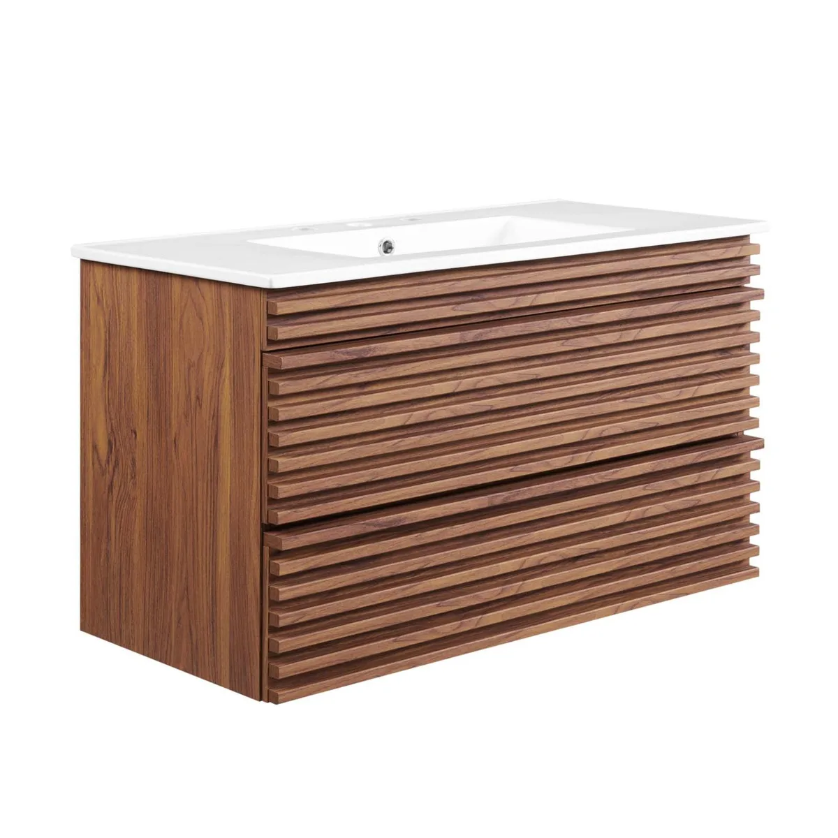 Wall-mounted bathroom vanity in walnut and white with ceramic sink and two drawers