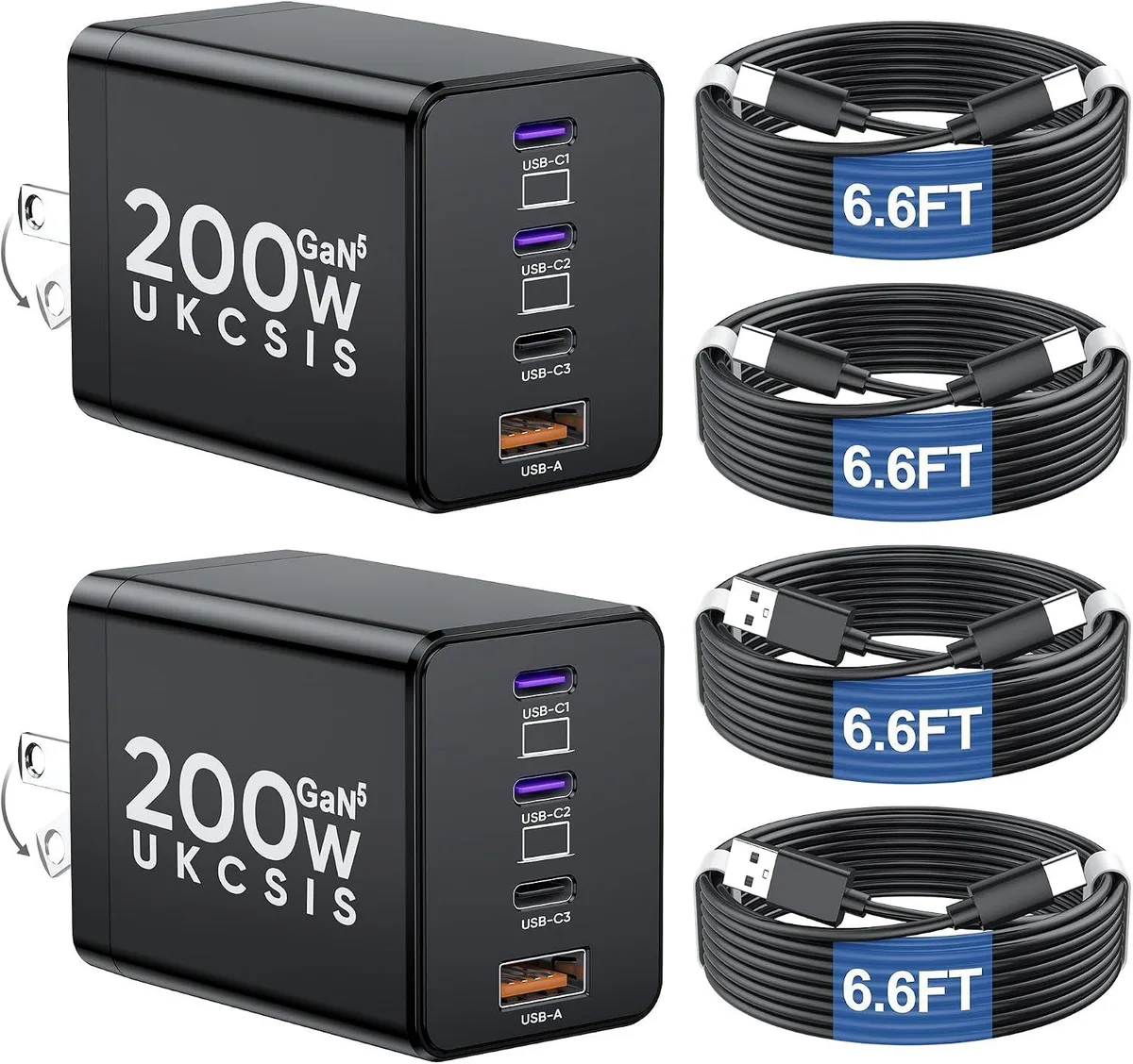 Elestur Elestur 200W 4-Port GaN5 USB-C Charger 2-Pack Black — product photo