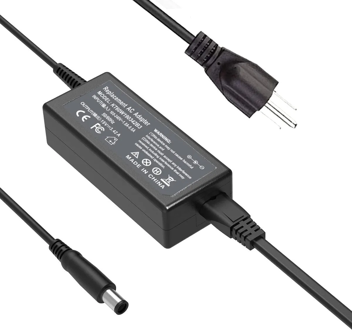 Black rectangular power brick with three-prong plug and detachable cord