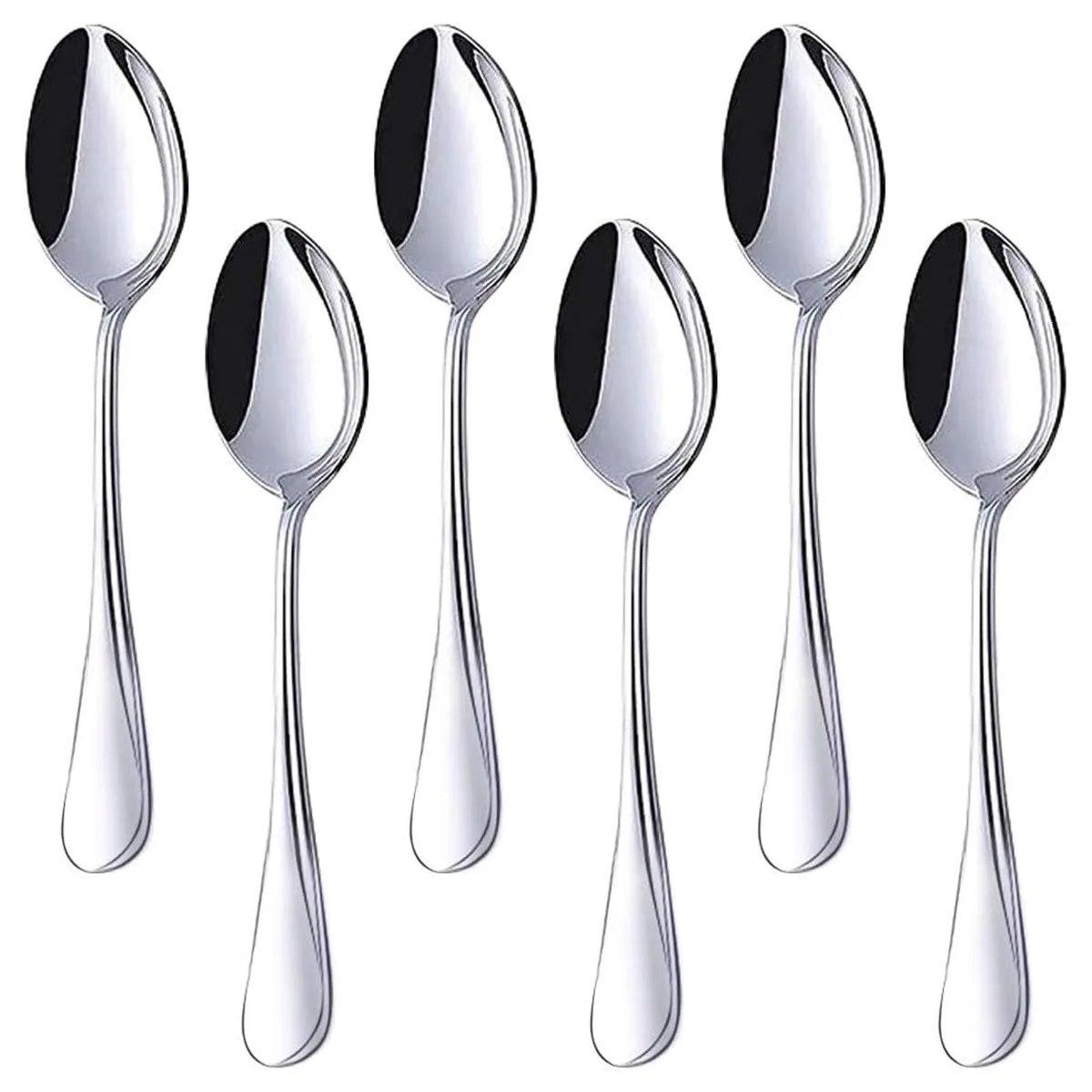 Six silver stainless steel teaspoons with mirror polished finish lying together