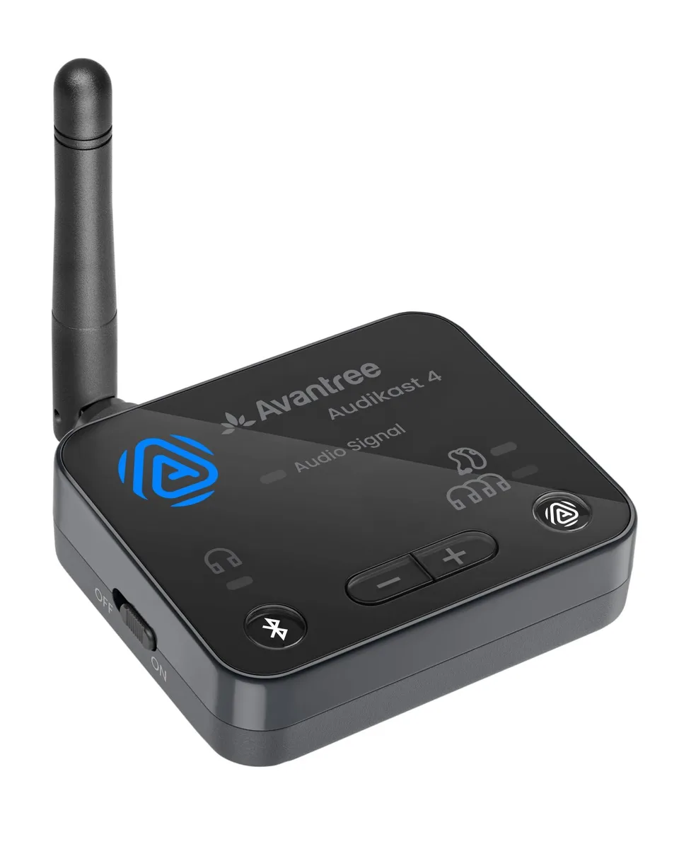 Small white rectangular box with optical and 3.5 mm ports, Bluetooth 5.4 transmitter