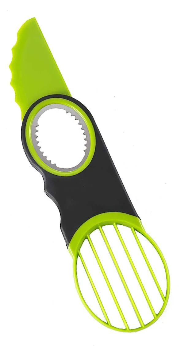 Green plastic avocado tool with stainless steel pitter and slicer blades, lightweight handheld design