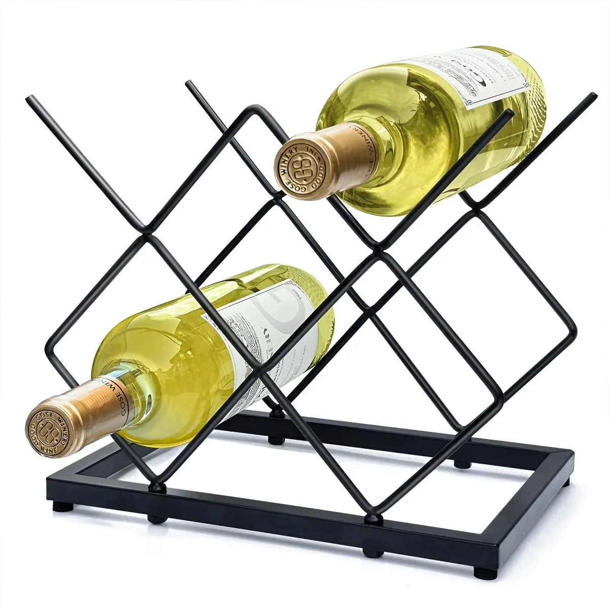 Red metal countertop wine rack holding five bottles
