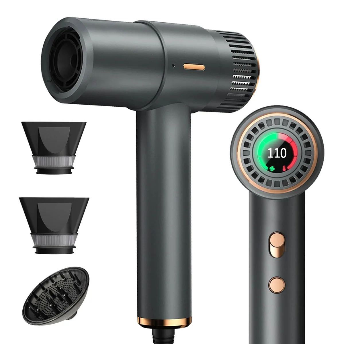 Gray cylindrical hair dryer with HD display and diffuser attachment, corded electric design