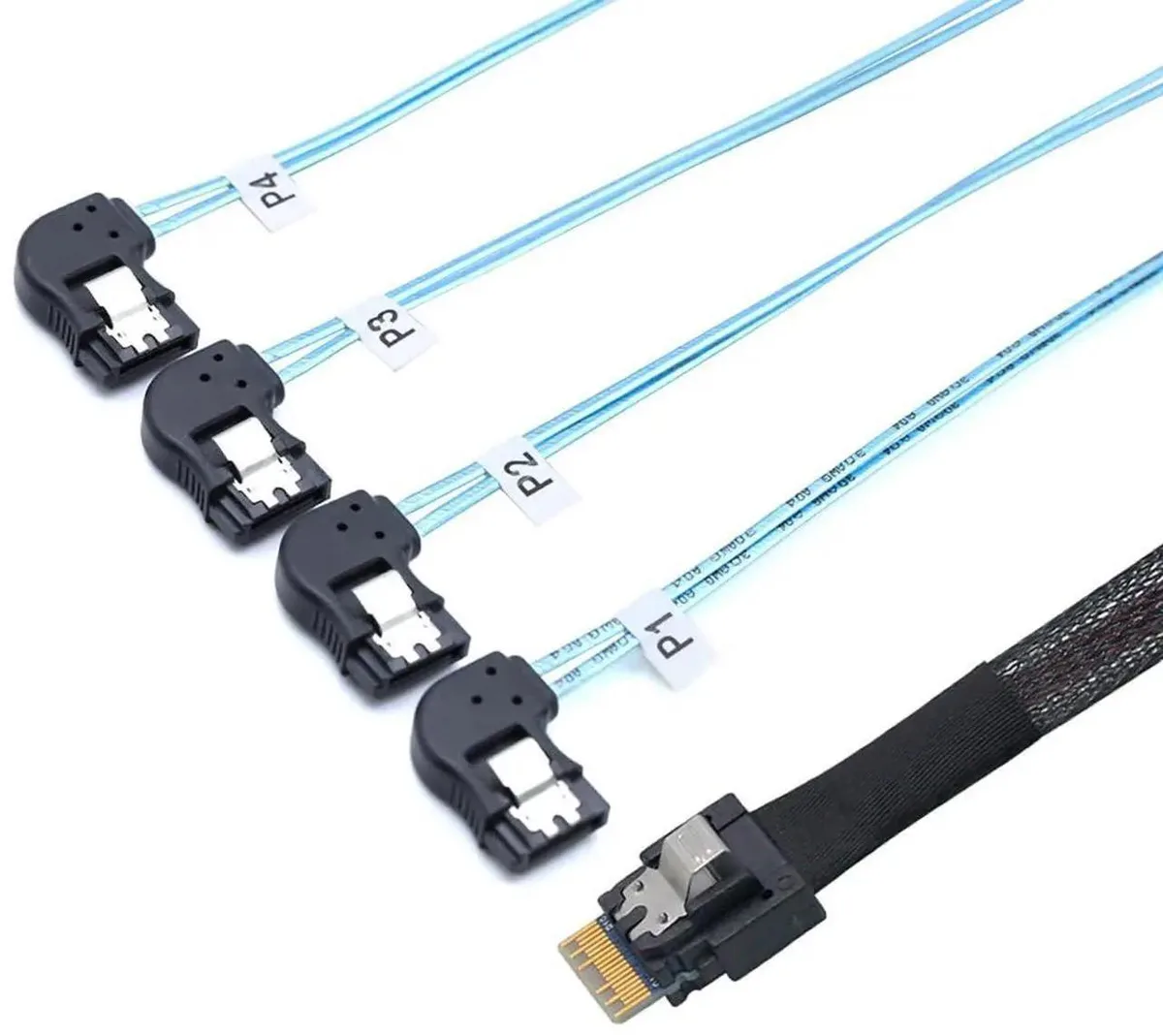SMUGDESK SMUGDESK PCIe Slimline SAS 4.0 SFF8654 38Pin to 4×SATA 7Pin LeftAngle Cable 1M — product photo