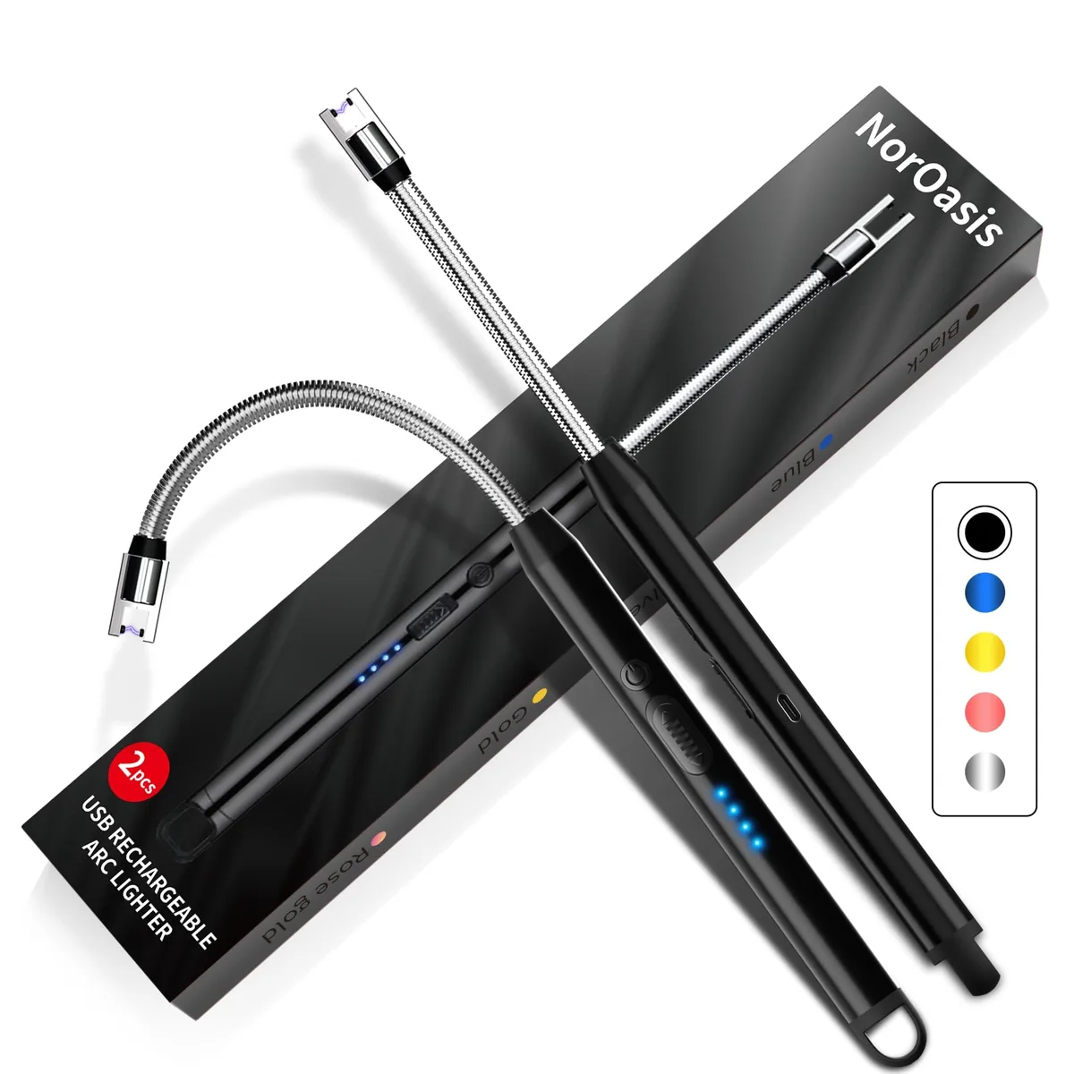 Two black metal electric lighters with 10.2" flexible necks and LED displays