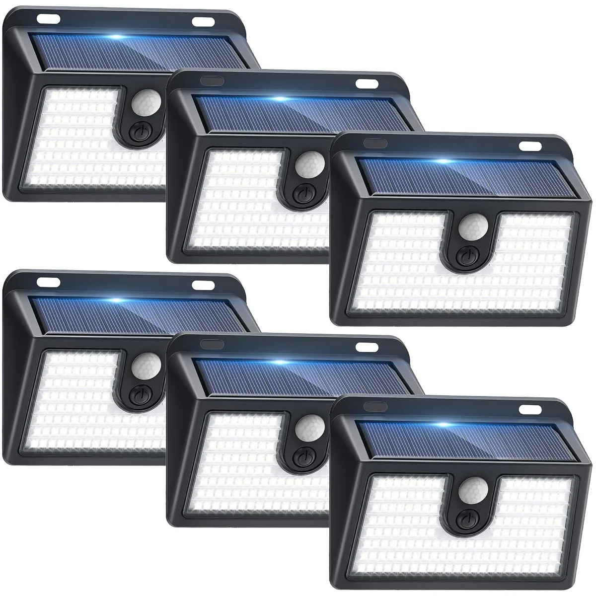 Six black rectangular solar lights with motion sensors and solar panels on top
