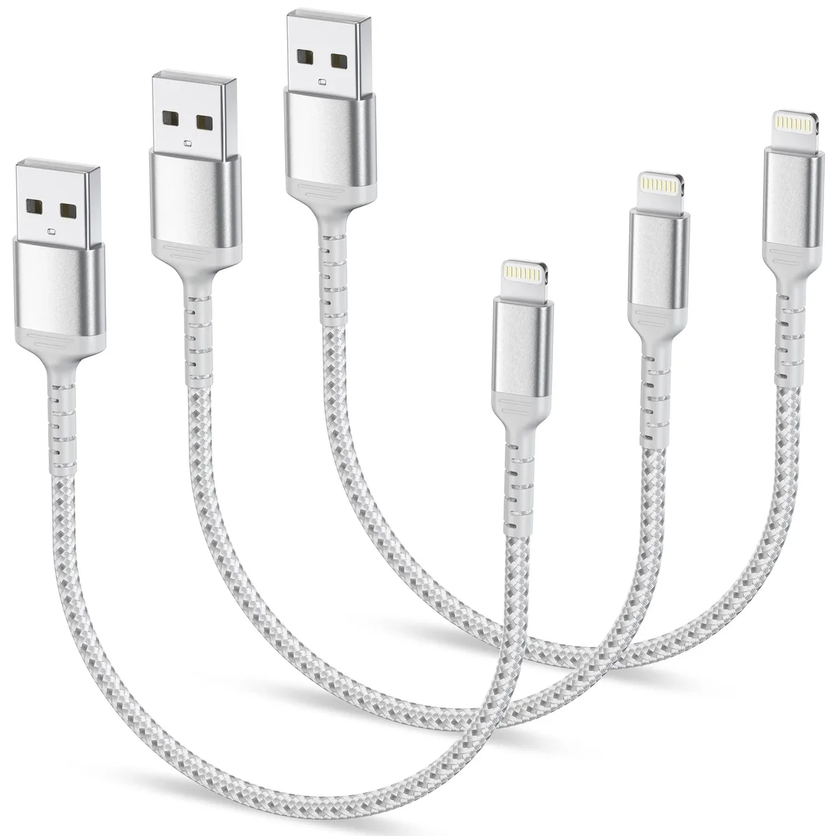 Three short silver braided USB-A to Lightning cables coiled together